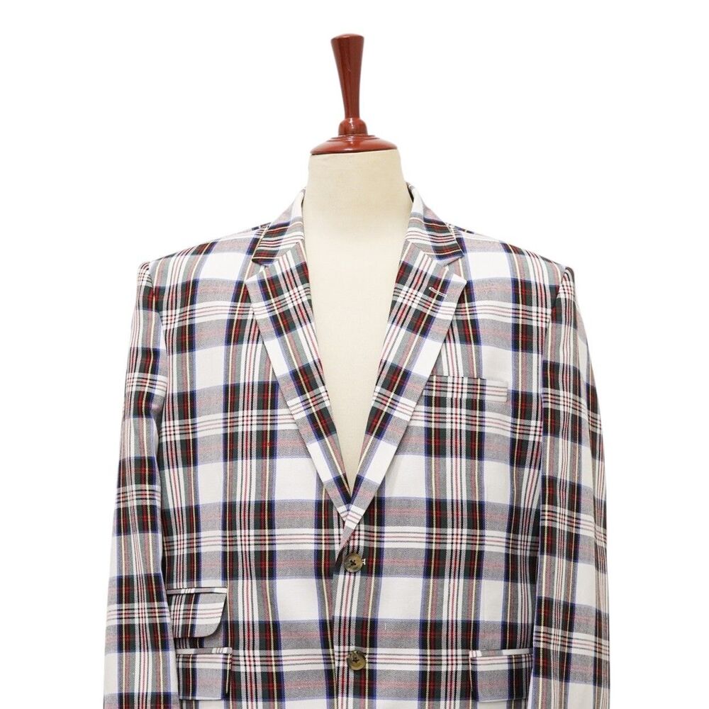 Mens 48R White Red Blue Tartan Plaid Cotton Blazer 2 Button Sport Coat Wedding - Picture 4 of 8